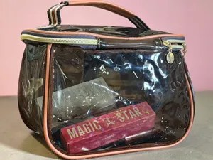 Clear Cosmetic Travel Bag with Pink Trim and Stripe Accent thumbnail 1