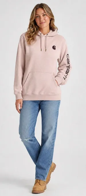 Carhartt Womens Relaxed Fit Logo Graphic Hoodie Heather Pink Large‎ L 12-14 thumbnail 1