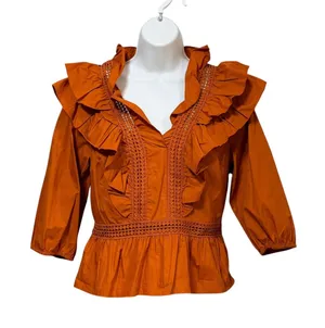 New York & Company Burnt Orange Ruffle Crochet Lace Peplum Blouse Medium NWT thumbnail 1
