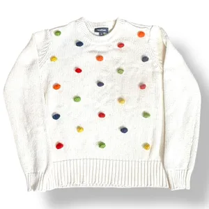 ModCloth White Knit Sweater Multicolor Rainbow Pom Poms Polka Dot Crewneck‎ thumbnail 6
