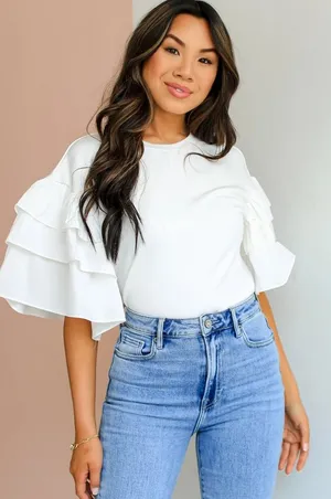 LOYO Boutique Ruffle sleeve white T-shirt thumbnail 1