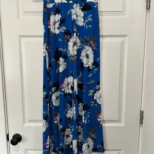 Gill Blue Floral Wide Leg Palazzo Pants White Flower Print Bohemian Flowy Casual thumbnail 2