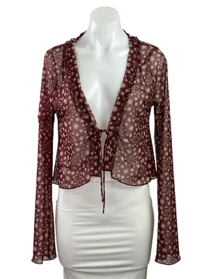 Free People Marne Purple Mesh Sheer Star Ruffles Long Sleeve Crop Cardigan Top M thumbnail 1