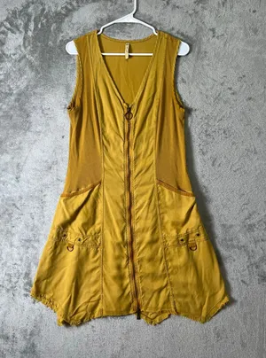 XCVI Melar Dress Mustard Yellow Zip Front Utility Lagenlook Midi Boho Pockets L thumbnail 1