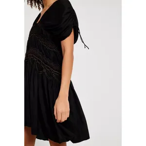 Free People Black Rainbow Smocked Boho Mini Dress S Ruched‎ Embroidered NWT thumbnail 2