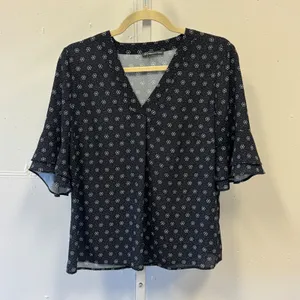 Adrianna Papell Navy Blue Floral Tiered Bell Sleeve V-Neck Blouse Top Small thumbnail 1