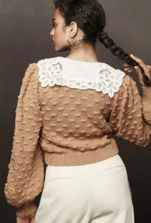 Anthropologie Cottage Balloon Sleeve Battenberg Lace Collared Cardigan Sweater L thumbnail 3