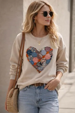 Jade by Jane Beige Cream Patchwork Sweatshirt Colorful Heart Patch Oversized Fit thumbnail 1
