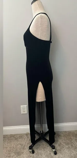 Rave City Vintage Black velour velvet bodycon slit spaghetti strap dress medium thumbnail 6
