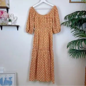 Lost + Wander Golden Dawn Orange Geometric Print Puff Sleeve Boho Maxi Dress S thumbnail 5