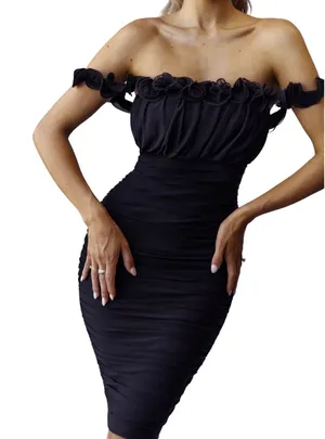 Selfie Leslie Little Black Dress Ruched Midi Bodycon Off Shoulder Size Small NWT thumbnail 1