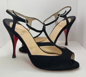 Y2K Christian Louboutin Ernesta Black Satin T-Strap Peep Toe Heels EU 37 thumbnail 1