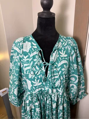 Molly Bracken Puffer Sleeve‎ Loose Fit Printed Blue White Floral Cotton Dress M thumbnail 3