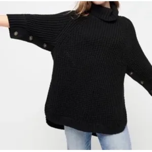 J.Crew Black Turtleneck Button Chunky Knit Poncho Sweater XS Roll‎ Neck Cotton thumbnail 1