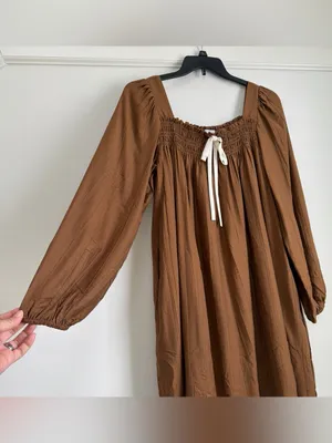 in february Sepia Brown Smocked Babydoll Knee-Length Dress Pockets NWT Size L thumbnail 2