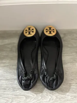 Tory Birch Black Leather Ballet Flats with Gold Accent Elasticized Back thumbnail 5