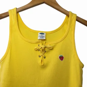 VTG Y2K Old Navy Womens Embroidered Strawberry Ribbed Lace Up Tank Size M Yellow thumbnail 4