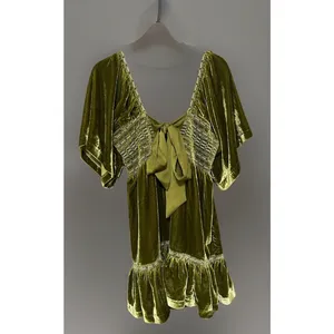 Free People Easy To Love Velvet Smocked Ruffle Mini Dress Size S Olive Green NEW thumbnail 7