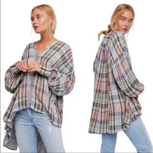 Free People Come On Over Plaid Top Oversized High Low Button‎ Front Blouse Small thumbnail 2