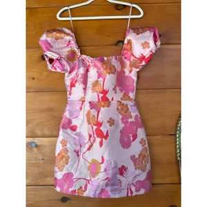 NWOT Lulus So Stunning Orange Multi Floral Jacquard Puff Sleeve Mini Dress Sz XS thumbnail 4