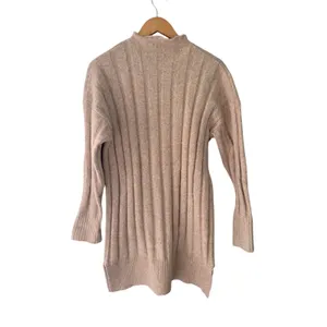 Oversized Oatmeal Ribbed Knit Sweater Dress High Neck Asymmetrical Hem thumbnail 4