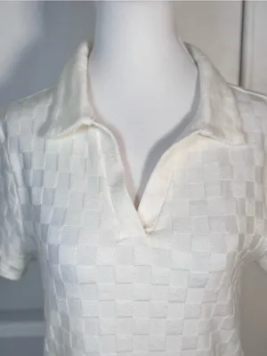 Ivory Checkerboard Knit Polo Top M Textured Johnny Collar Preppy Cropped Tennis thumbnail 3