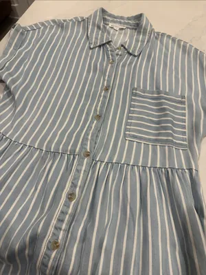 Versona blu pepper chambray striped button down tiered dress cuffed short sleeve thumbnail 2