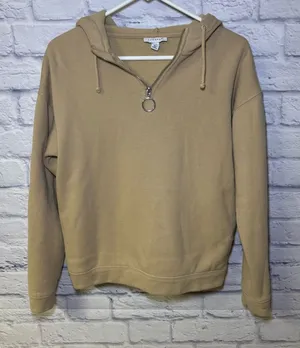 TOPSHOP Hoodie Quarter Zip Hooded Sweatshirt Tan Size 0-2 thumbnail 1
