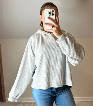 Aerie: Gray Soft Ribbed Hoodie thumbnail 1