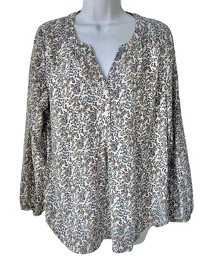 Old Navy Cream Yellow Blue Floral Split-Neck Button Long Sleeve Blouse Size M thumbnail 1