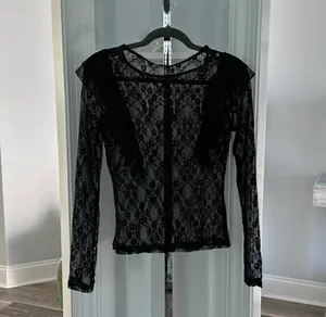 NWT SHEIN Sz S Sheer Black Lace Top w Ruffle Accents Cute! thumbnail 9