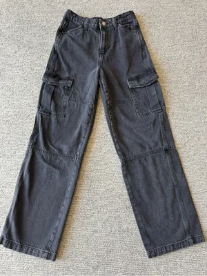 H&M Black Washed Cargo Wide Leg‎ Jeans Size 2 Bikercore thumbnail 1