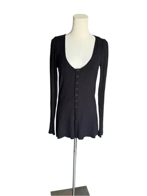 Anthropologie - Black Ribbed Snap Front Long Sleeve Top Organic Cotton Sz M thumbnail 3