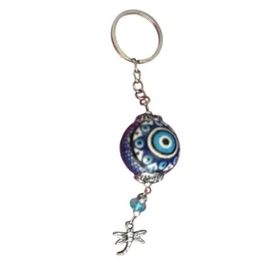 Turkish Evil Eye Ceramic Bead Keychain Dragonfly Silver Tone 5" Long 21.16g thumbnail 4