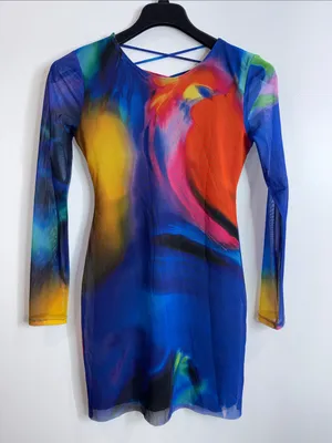 Zara multicolored tulle mesh long sleeve mini dress criss cross back size medium thumbnail 3