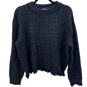 MNG Women Navy Blue‎ Metallic Tweed Knit Fringe Sweater Pullover Top Size Large thumbnail 2