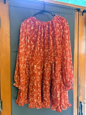 NWT Lulus Too Cute Rust Red Floral Print Smocked Long Sleeve Mini Dress thumbnail 2