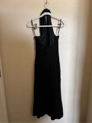 Vintage Y2K Glitter Halter neck waterfall neck midi dress sz 4 black open back thumbnail 5