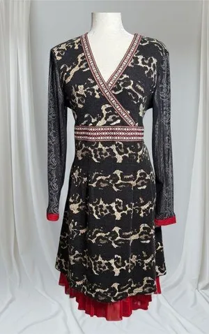 Vasna Desire Midi Length Dress Woman’s Size Large Mixed Prints Red Ruffle Boho thumbnail 1