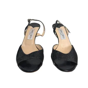 Jimmy Choo 41261 Black Glitter Peep Toe Slingback Heels Stiletto Italy Size 38‎ thumbnail 3