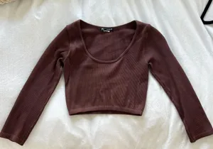 ZARA Brown Ribbed Sleeved Crop Top thumbnail 1