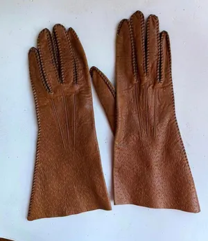 Vintage Caramel Brown Leather Gloves with Decorative Stitching thumbnail 1