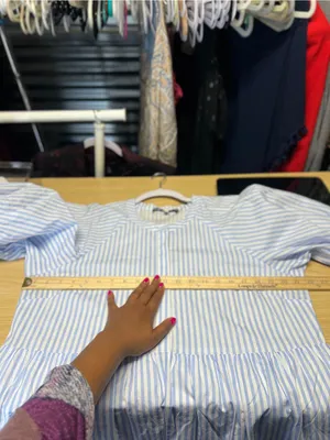 English Factory Blue White Striped Tiered Puff Sleeve Midi Dress L thumbnail 10