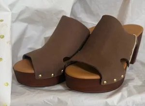 Brown Leather Platform Slide Mules with Gold Stud Accents Size 9 thumbnail 1