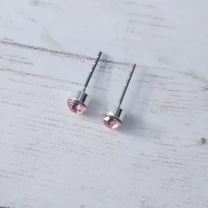 Round Pink Gem & Silver Tone Stud Earrings 1/8" Small - Fair Condition thumbnail 3