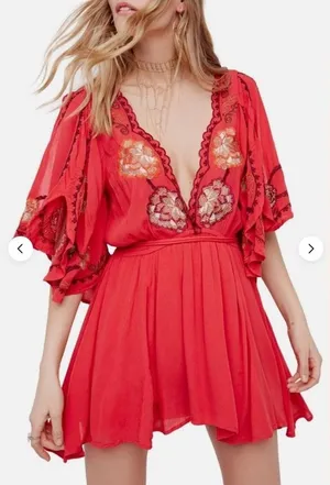 Free People Cora Embroidered Mini Dress Size Large Red Floral Boho Beach thumbnail 1
