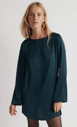 NWOT MADEWELL Long Bell Sleeve Satin Shift Dress in‎ Smoky Spruce, Medium thumbnail 1