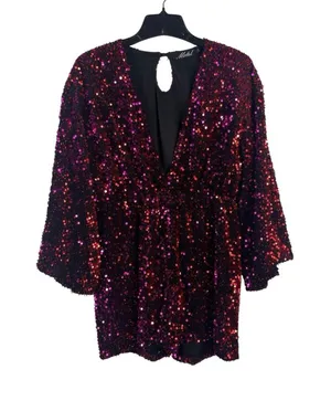 Motel Red & Burgundy Sequin Long Sleeve Romper Women’s M Deep V Party Club thumbnail 1