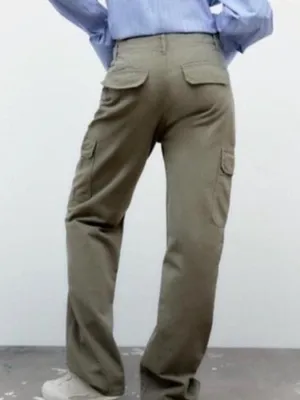 Zara Green Wide Leg Cargo Utility Jeans thumbnail 5
