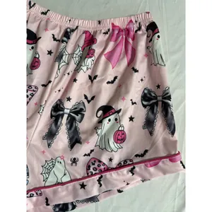 Pink Halloween Ghost Bow Pajama Set Short Sleeve Button Down Shorts Womens Large thumbnail 8